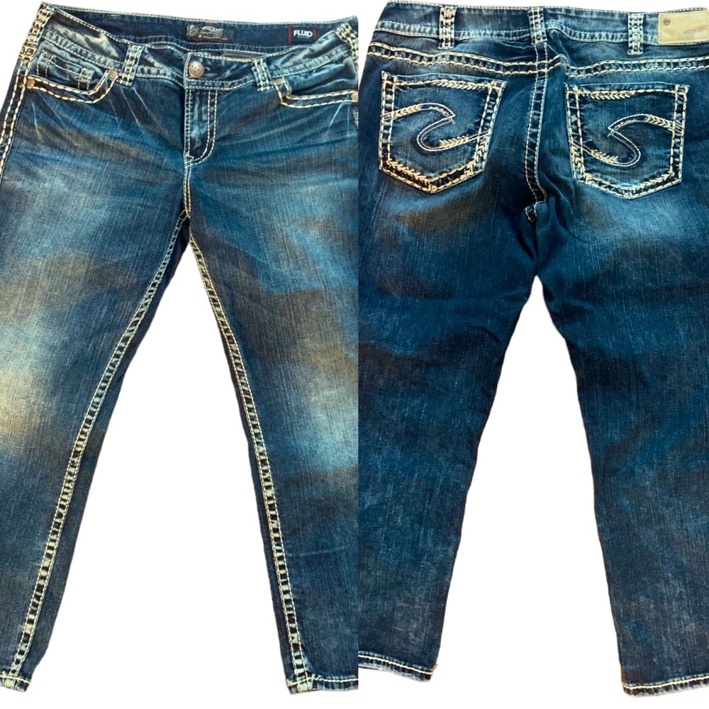 Silver Fluid Denim Capri Jeans 34 22 1/2 Suki Mid
